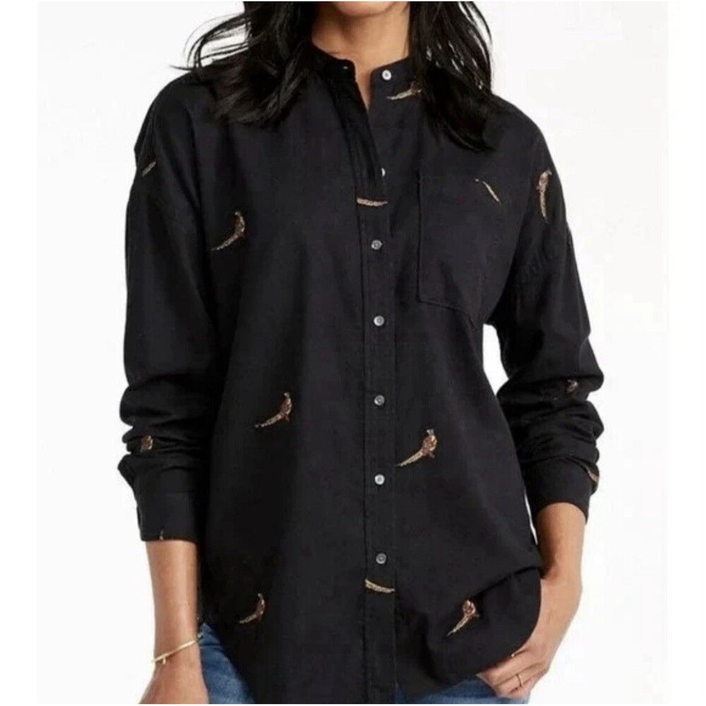 LL Bean Pheasant Button Down Tunic Shirt XS Black Embroidered oversized novelty
